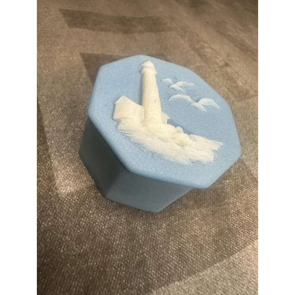Vintage 1974 Lighthouse Trinket Box Cast Alabaster Stone Coastal Decor‎ USA